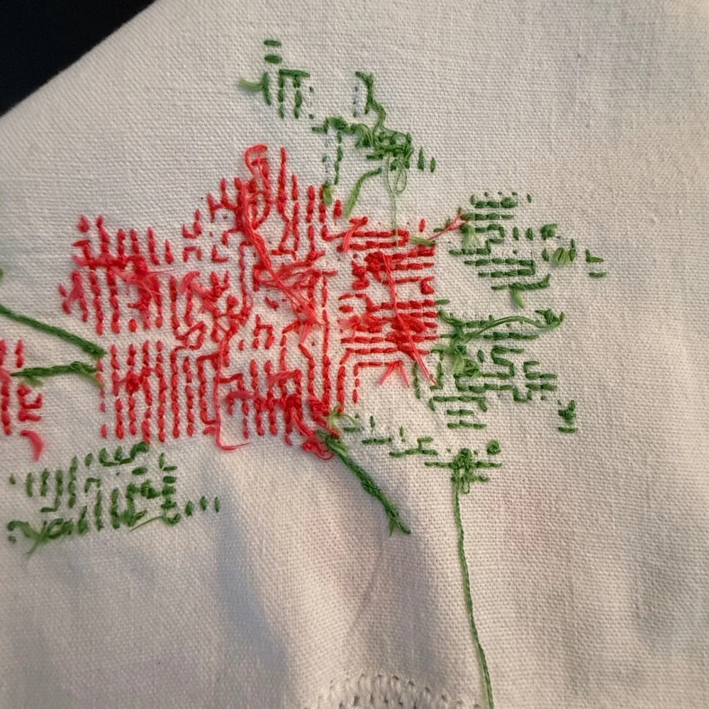 Vintage Hand Embroidered‎ Table Runner Set Floral Cross Stitch White Linen 2pc